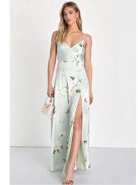 Lulus Radiant Occasion Light Green Floral Satin A-Line Slit Maxi Dress NWT XL